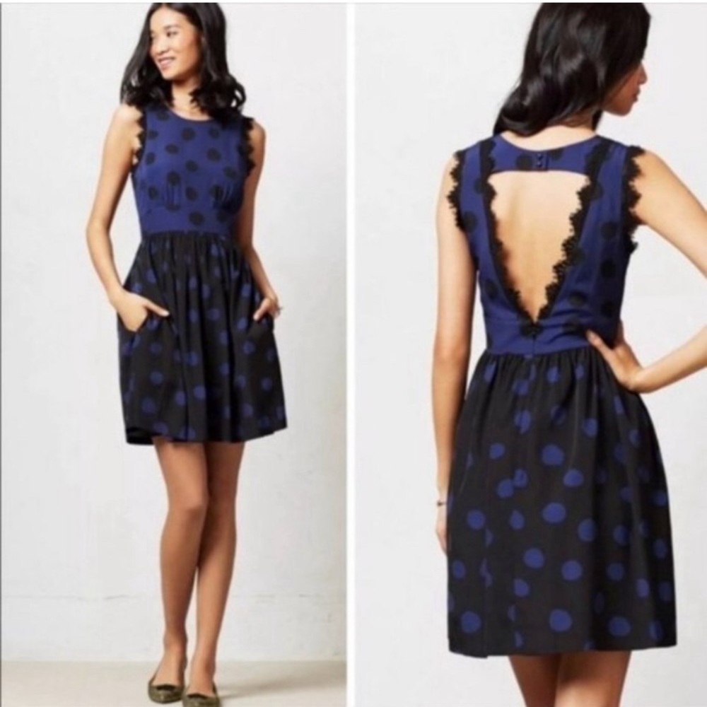 Anthropologie Corey Lynn Calter Dots in Blue Black Polka Dot Dress size 0